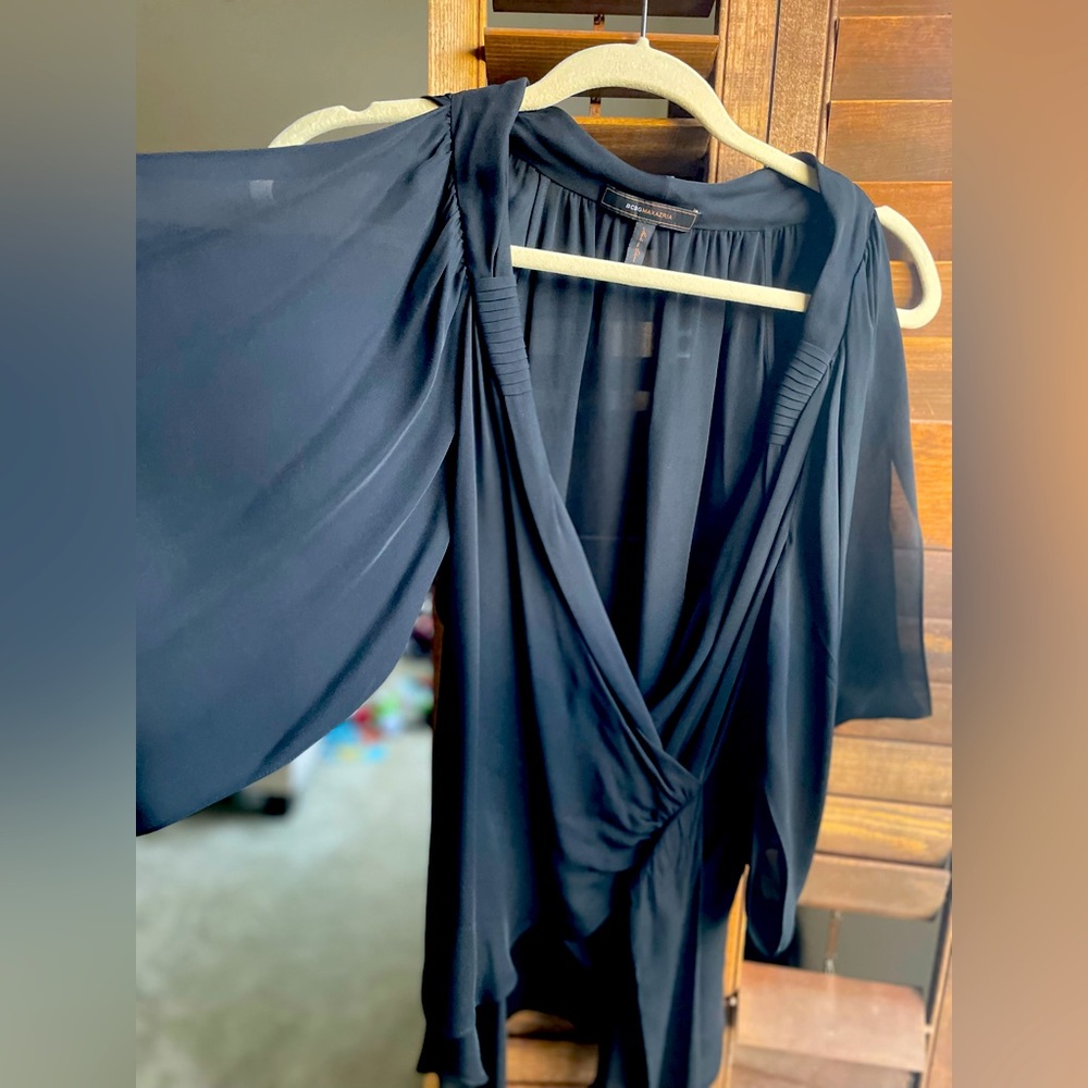 BCBG MaxAzria formal black cold shoulder long sleeve blouse, size S
